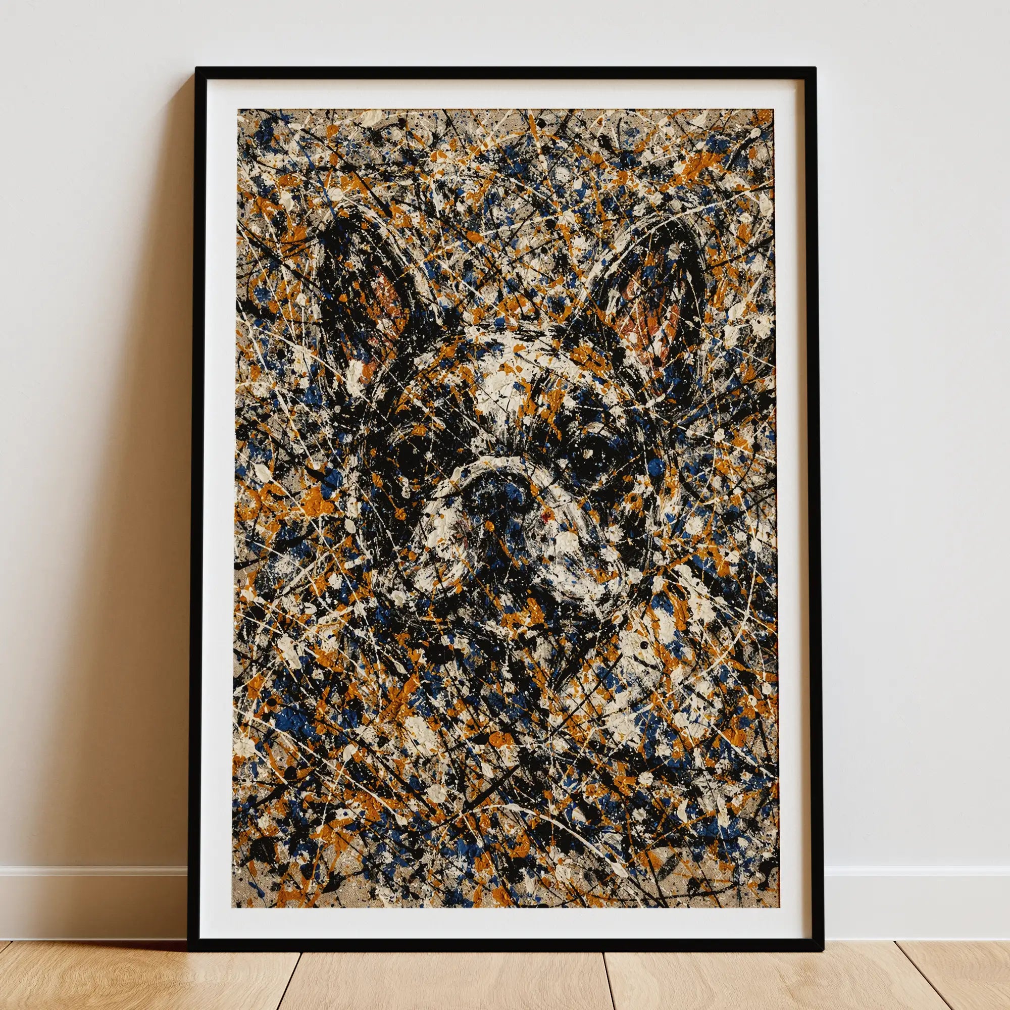French Bulldog Pollock-inspired portrait displayed as framed gallery wall art in home interior, abstract expressionist Frenchie print, Pets + Humans
