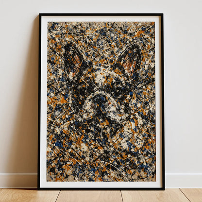 French Bulldog Pollock-inspired portrait displayed as framed gallery wall art in home interior, abstract expressionist Frenchie print, Pets + Humans