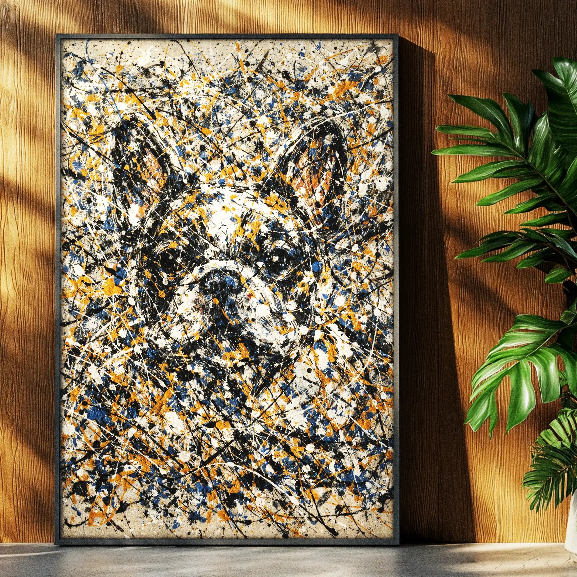 French Bulldog Pollock-inspired portrait displayed as framed gallery wall art in home interior, abstract expressionist Frenchie print, Pets + Humans