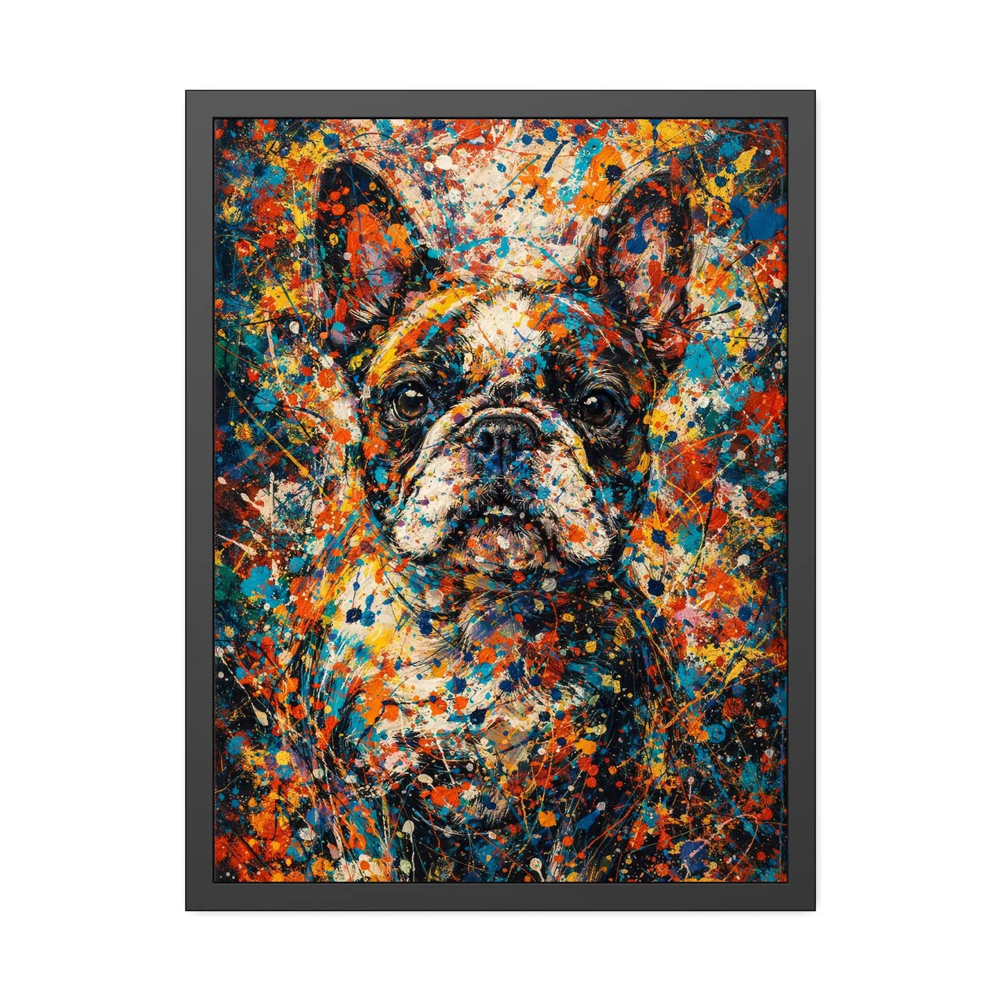 French Bulldog Pollock portrait framed print, 310gsm fine-art paper, black pinewood frame with shatterproof plexiglass, Pets + Humans