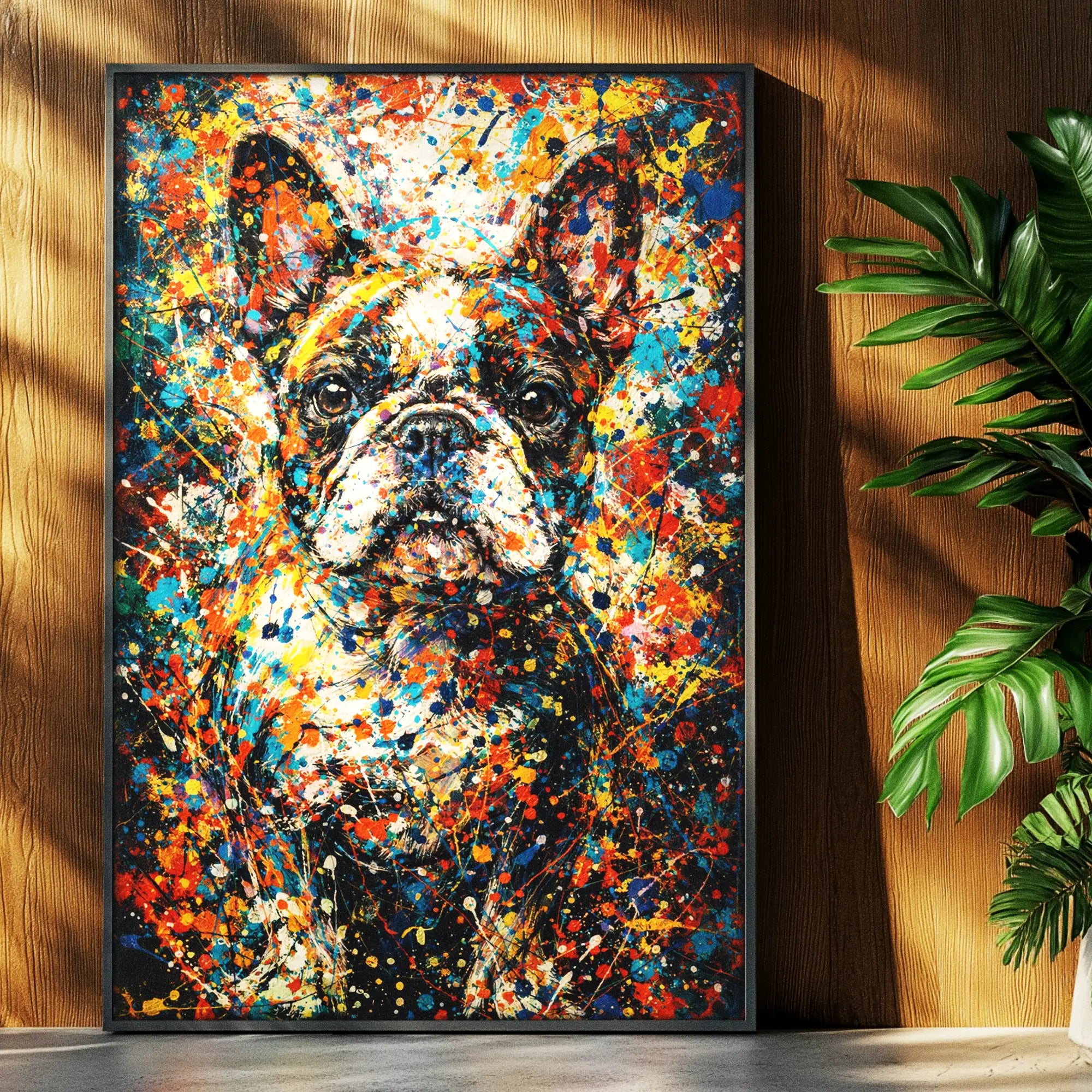 French Bulldog Pollock-inspired portrait displayed as framed gallery wall art in home interior, abstract expressionist Frenchie print, Pets + Humans