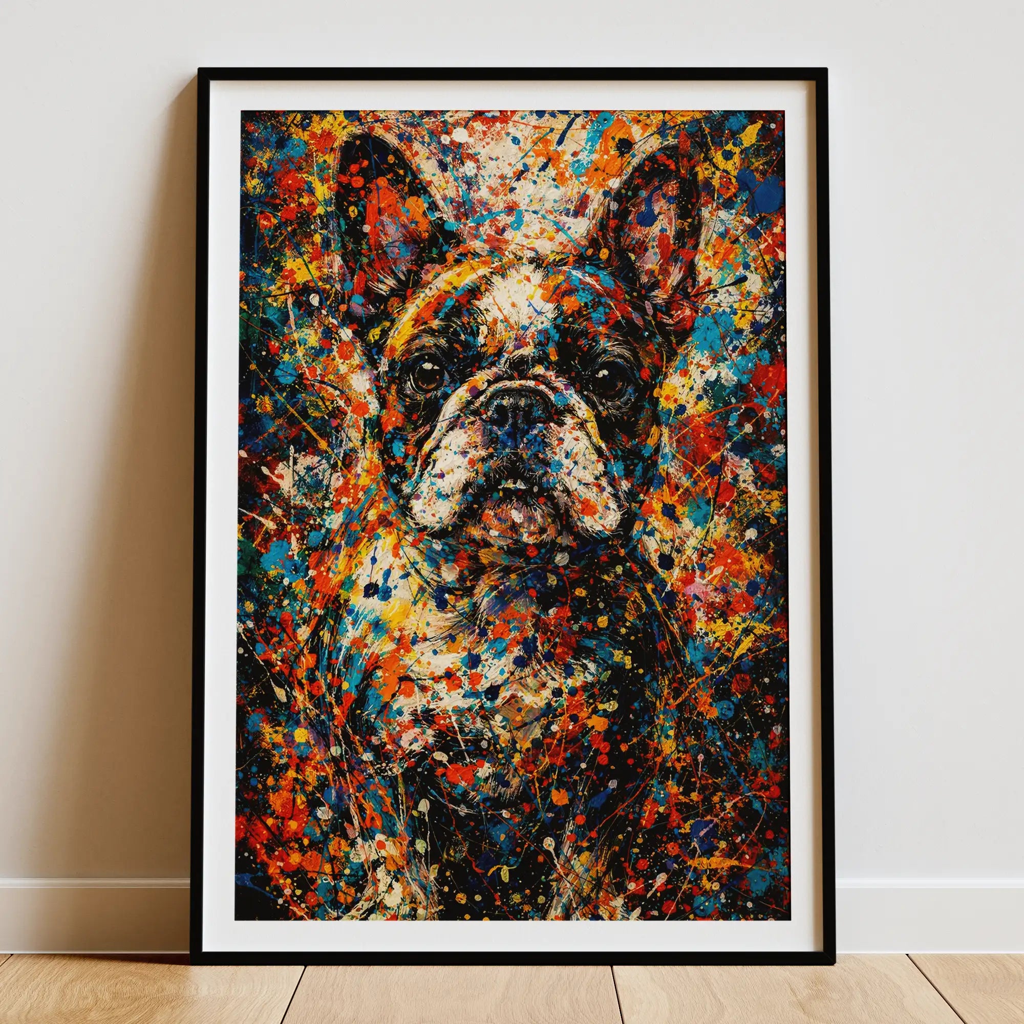 French Bulldog Pollock-inspired portrait displayed as framed gallery wall art in home interior, abstract expressionist Frenchie print, Pets + Humans