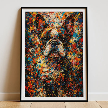 French Bulldog Pollock-inspired portrait displayed as framed gallery wall art in home interior, abstract expressionist Frenchie print, Pets + Humans