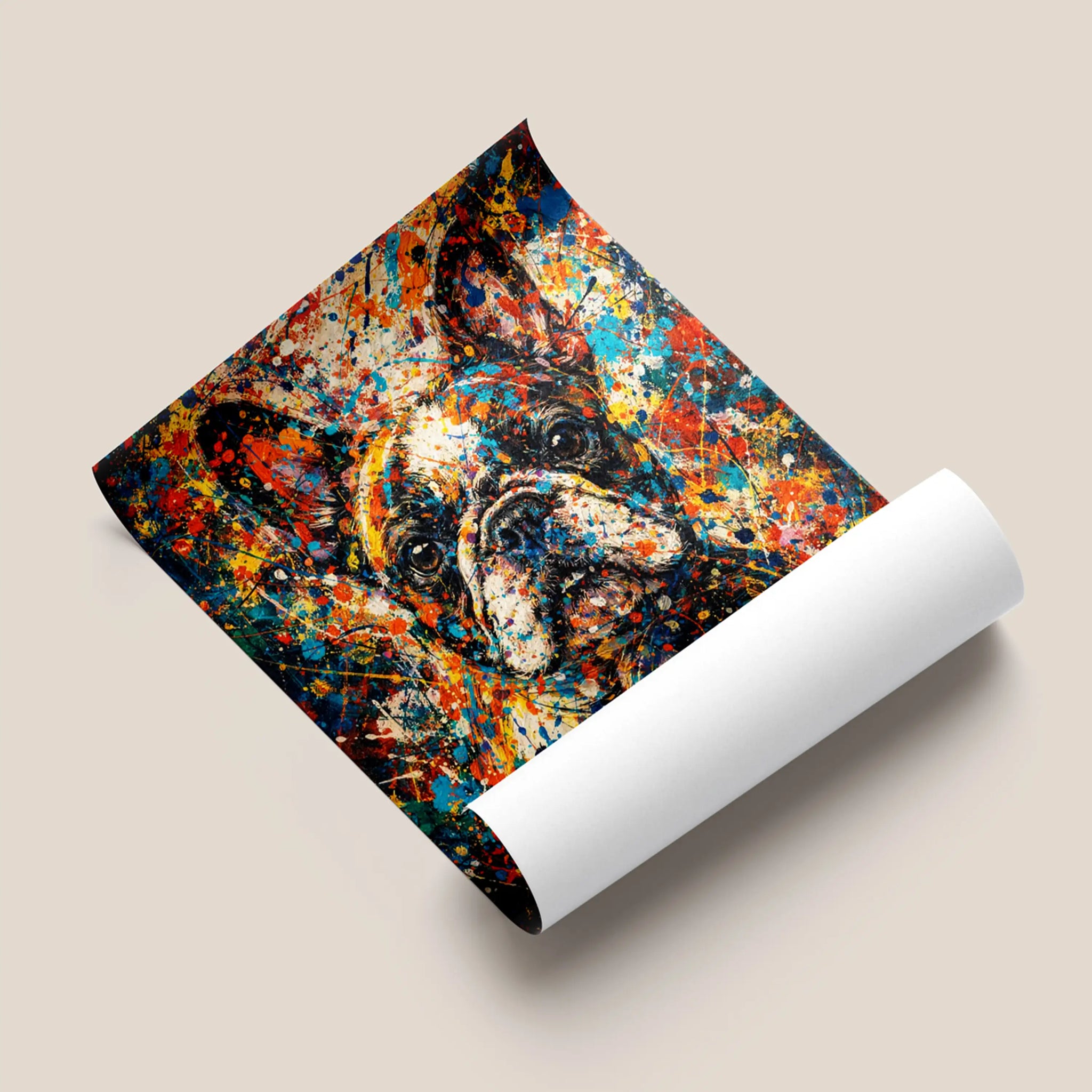 French Bulldog Pollock-inspired portrait on satin poster, low-glare finish, abstract expressionist Frenchie art print by Pets + Humans