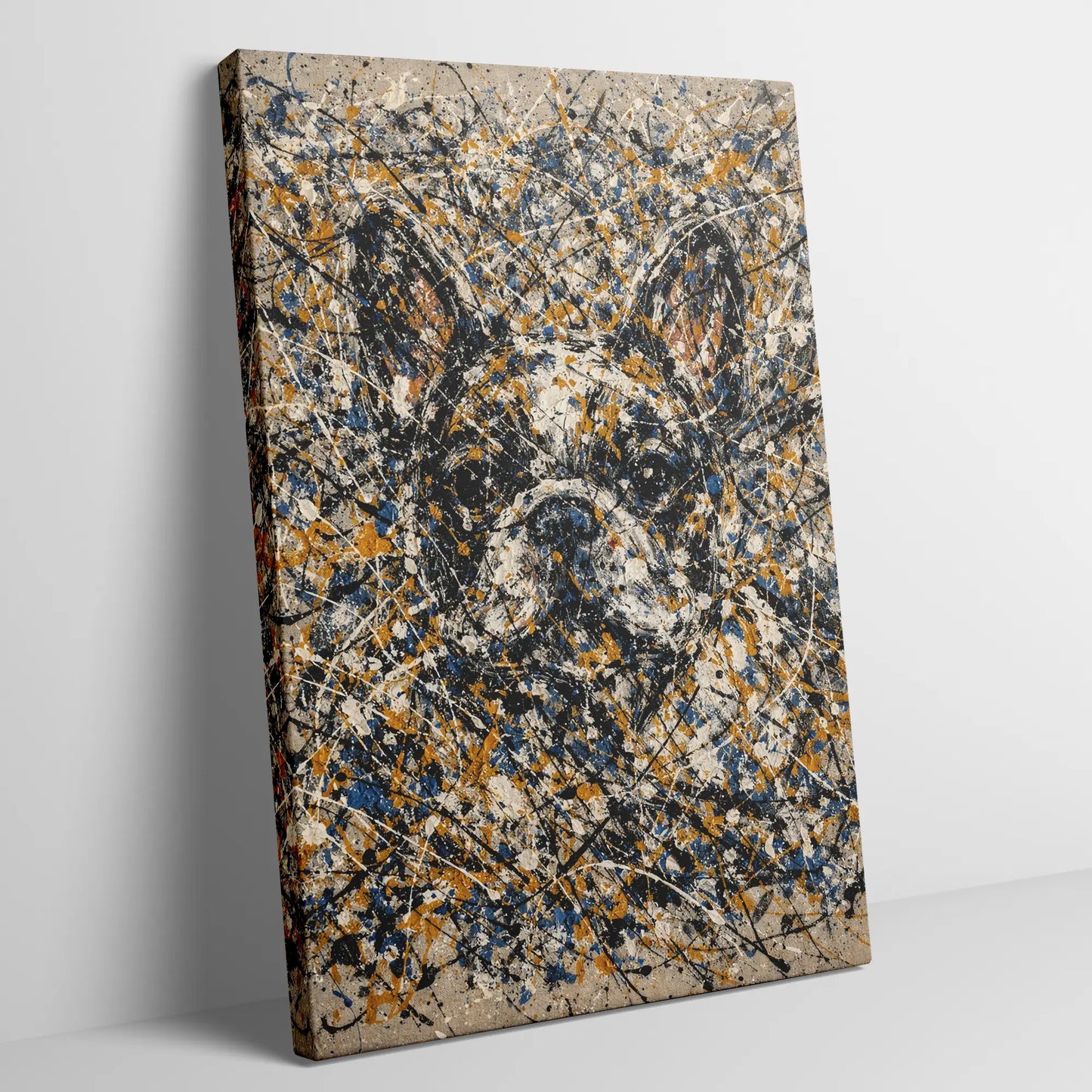 French Bulldog Pollock-inspired portrait, abstract expressionist Frenchie art print with drip and pour paint technique, Pets + Humans