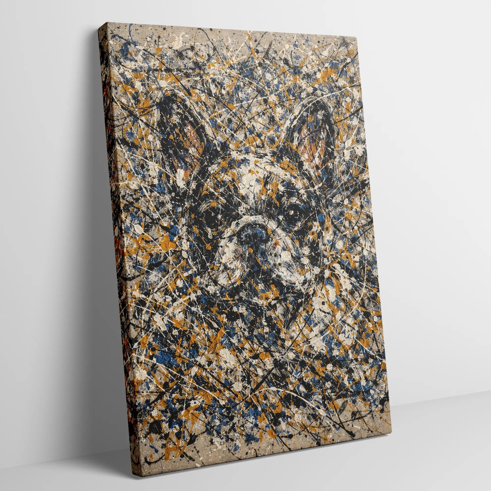 French Bulldog Pollock-inspired portrait, abstract expressionist Frenchie art print with drip and pour paint technique, Pets + Humans