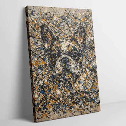 French Bulldog Pollock-inspired portrait, abstract expressionist Frenchie art print with drip and pour paint technique, Pets + Humans
