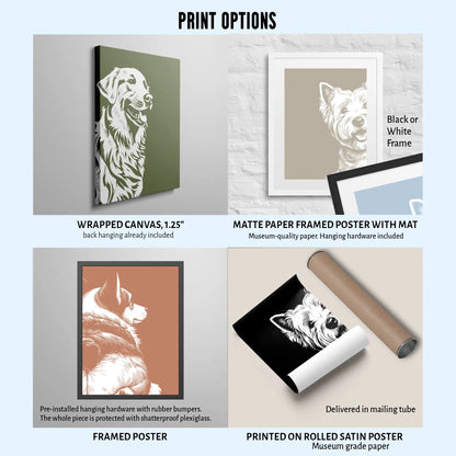 Various print options for dog artwork including wrapped canvas, matte paper framed poster with mat, framed poster, and printed on rolled satin poster.