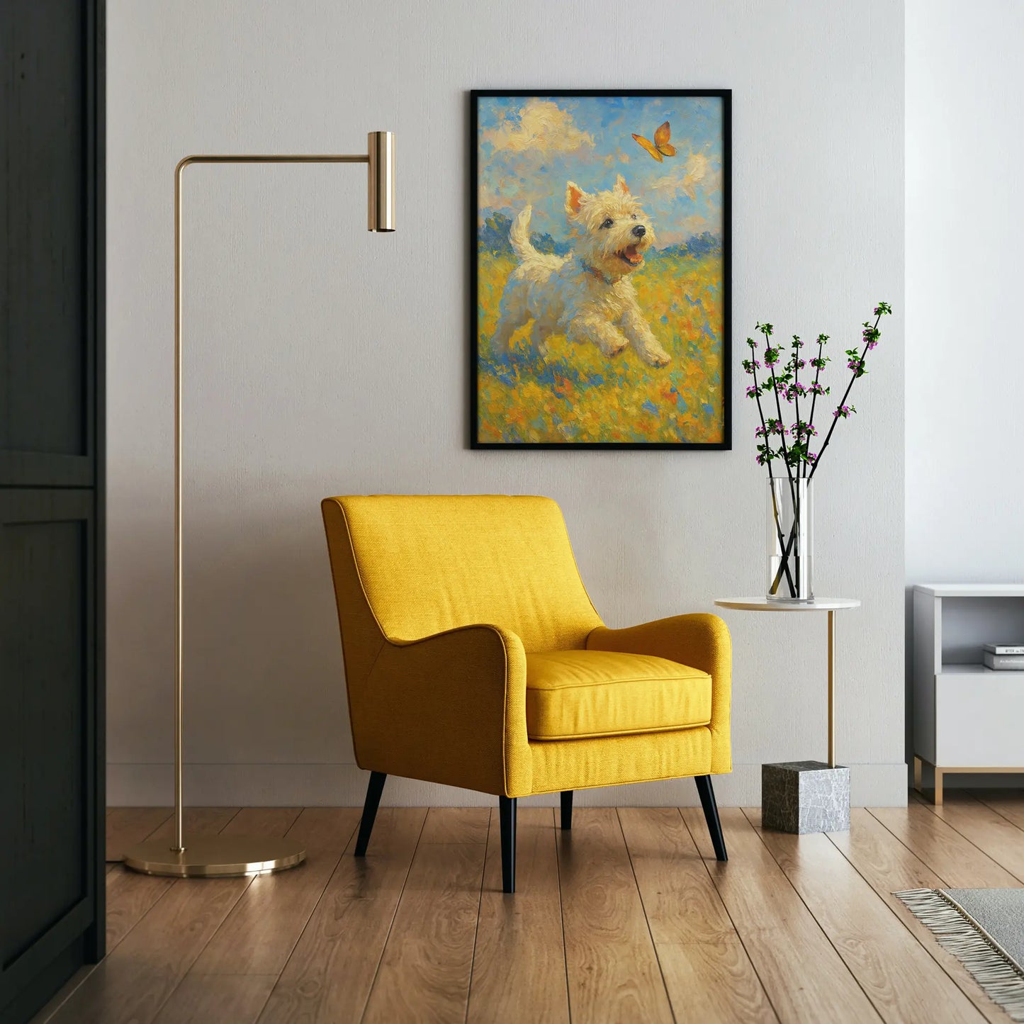 West Highland White Terrier Impressionist Painting | Playful Westie Chasing Butterfly