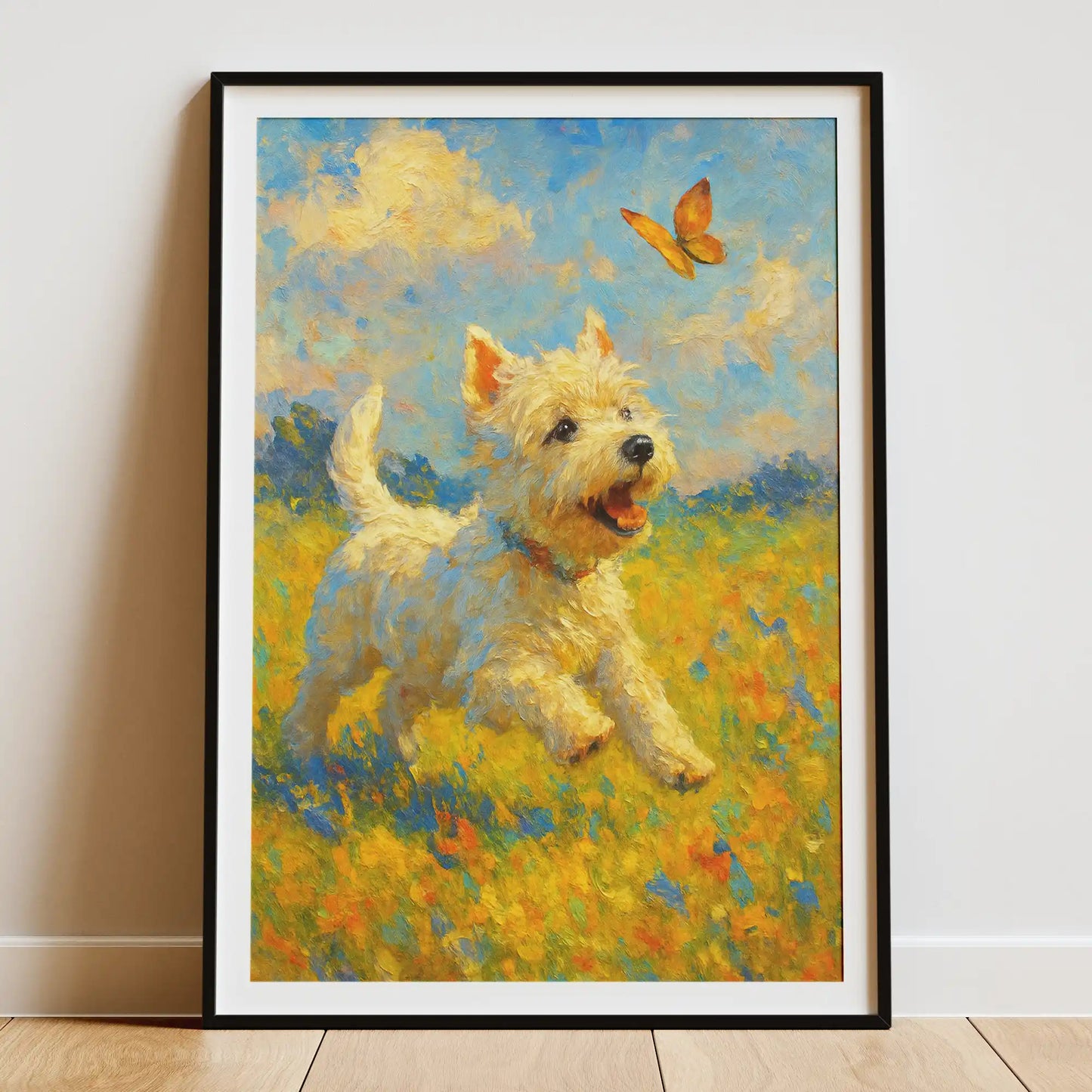 West Highland White Terrier Impressionist Painting | Playful Westie Chasing Butterfly