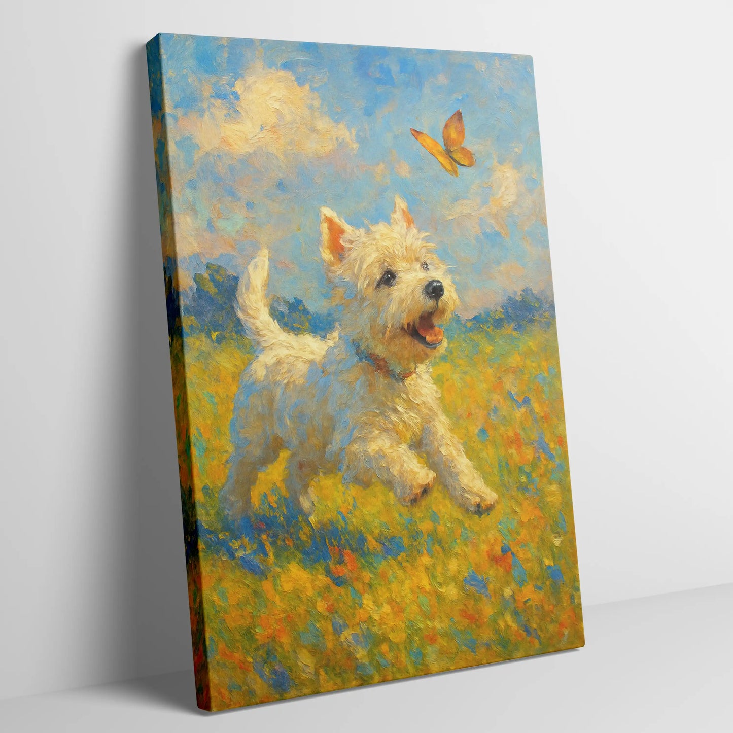 West Highland White Terrier Impressionist Painting | Playful Westie Chasing Butterfly