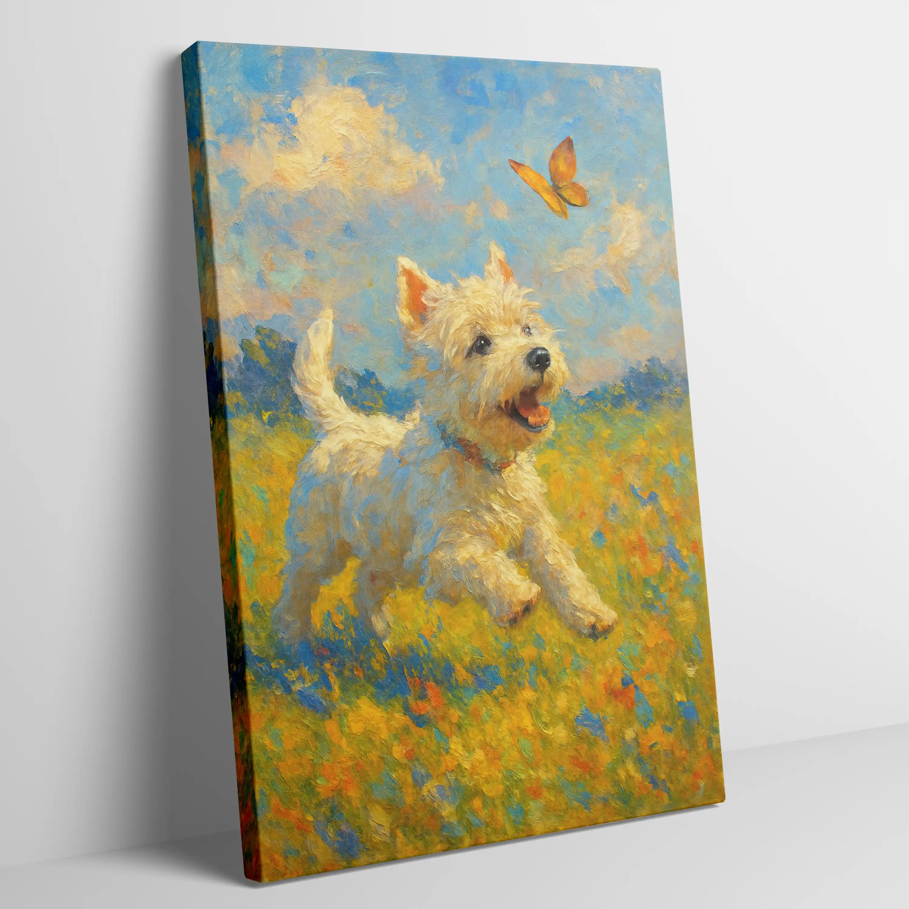 West Highland White Terrier Impressionist Painting | Playful Westie Chasing Butterfly