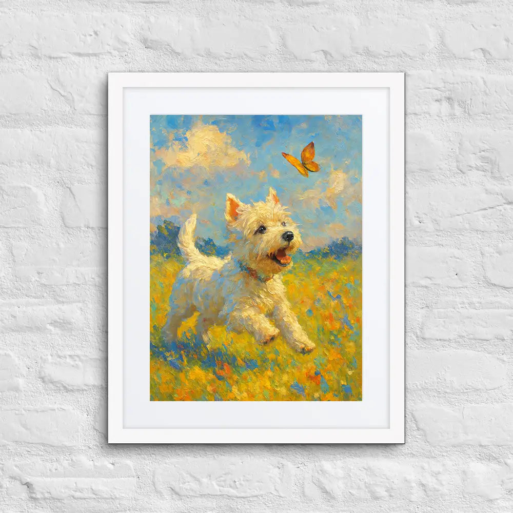 West Highland White Terrier Impressionist Painting | Playful Westie Chasing Butterfly