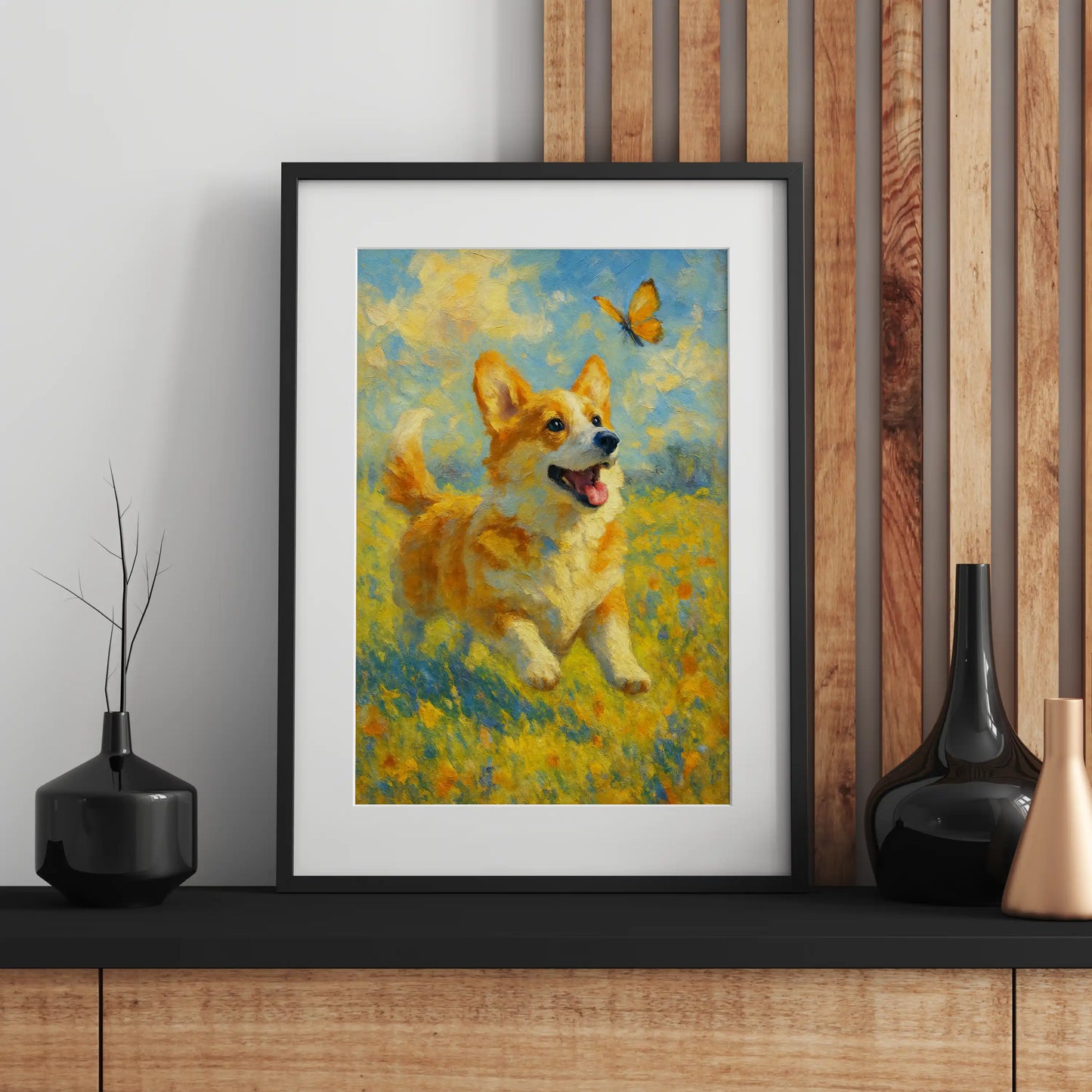 Corgi Impressionist Painting | Playful Corgi Chasing Butterfly