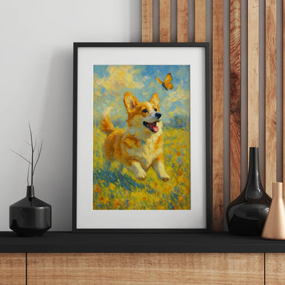 Corgi Impressionist Painting | Playful Corgi Chasing Butterfly